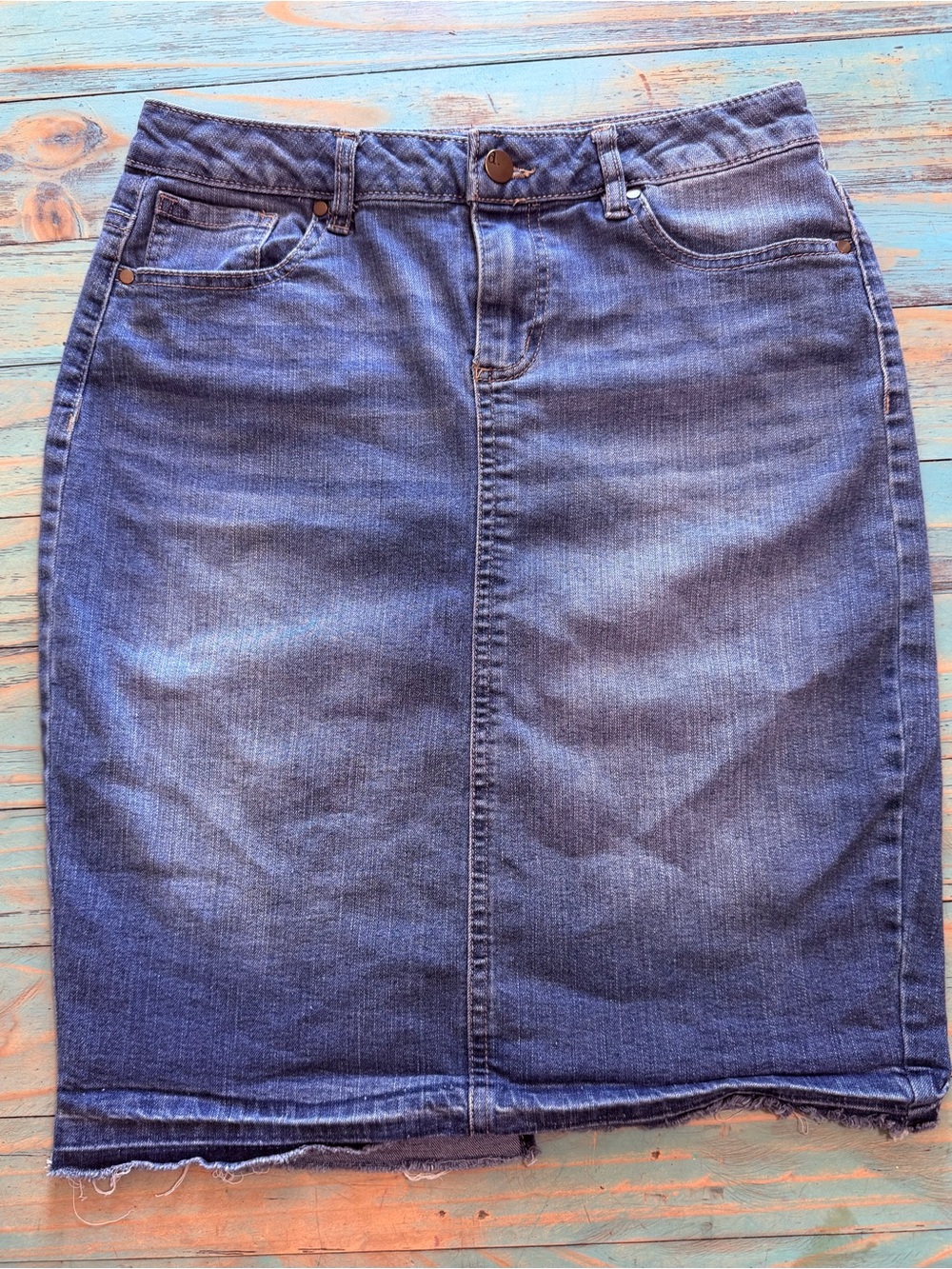 d. jeans Blue Denim Midi Skirt with Raw Hem